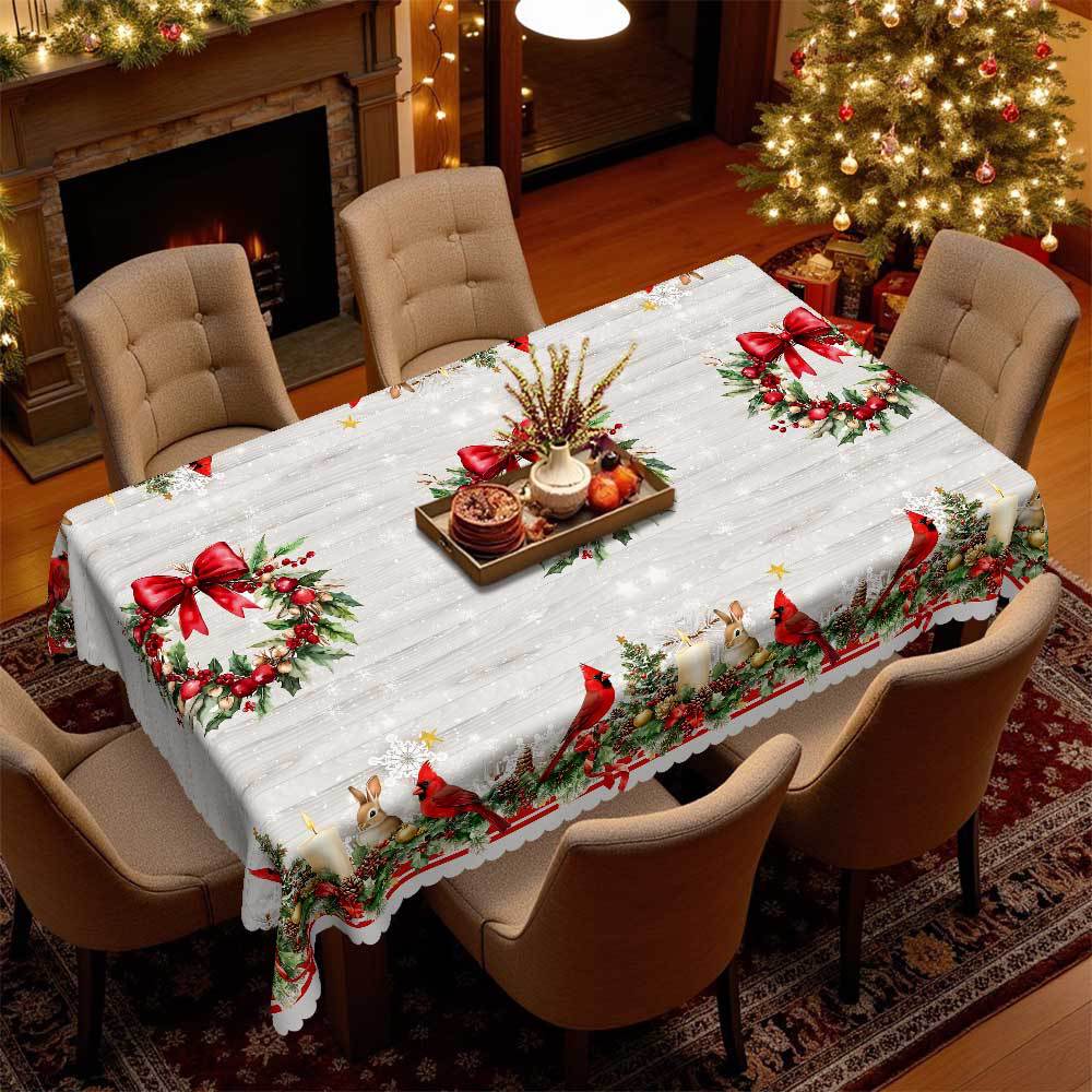 Christmas-Themed Round/Square Table Cloth, Cardinal Pine Cone Snow Pattern, Table Decoration Cloth, Festive Atmosphere