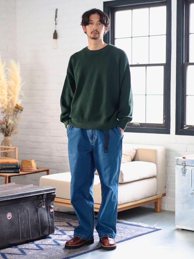 B:MING LIFE STORE by BEAMS Men's 12-Gauge Long Sleeve Crew Neck Knit, Single Rib, Wide Fit, Green, Size S_92150361286