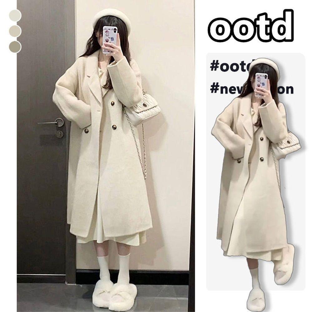 Petite Women's Korean-Style Fleece-Lined Gray Wool Coat for Fall/Winter