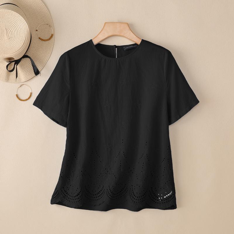 

ZANZEA Women Summer Embroidery Casual Round Neck Short Sleeve T-shirts S чорний