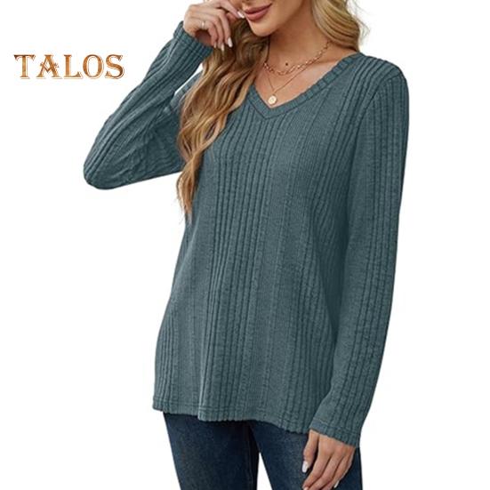 Women Tunic Sweater V-Neck Long Sleeve Solid Color Ribbed Casual Tops Slim Fit Knitted Loose Fit Fall Tops