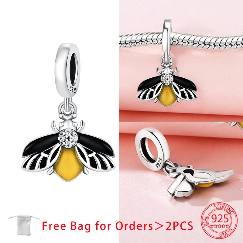 Original Copper Luminous Firefly Purple Zircon Firefly Heart-Love Charms Beads Pendant Fit Bracelet For Women Diy Gift