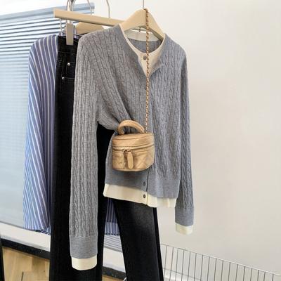 Yellow Fake Two-piece Long-sleeved Knitted Cardigan Women's Autumn and Winter New Women's Small Crew Neck Sweater Jacket Sweater