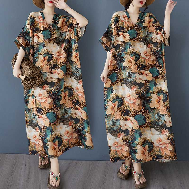Women's Vintage Long Dress with Cotton and Linen Patterns
