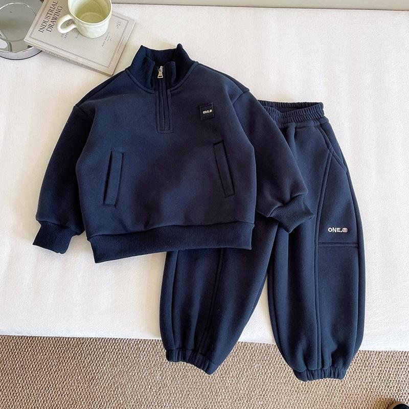 

Детский флисовый костюм в корейском стиле Nausicaä 2025 Зима - Стойка-воротник, Унисекс Теплый Двойка. 120 cm темно-синий