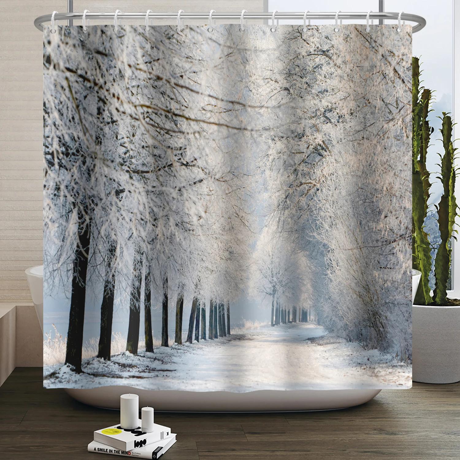 

Winter Christmas Shower Curtains Natural Forest Snow Landscape Home Bathroom Curtain Waterproof Washable Bathtub Screen Decor W60H190(CM)-1 Pcs