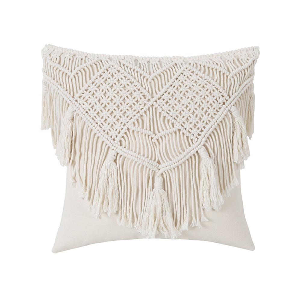 

Home Decor Hand-woven Bohemian Macrame Pillow Cover with Tassel Square Sofa Cushion Cover Pastoral Washable Pillowslip Cafe 17.72x17.72 in бежевий