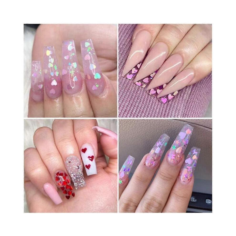 3D Heart Nail Art Stickers Glitter Decals Love Nail Sequins Laser Heart Nail Supplies Sparkle Nail Flakes Mixed Size Colorful Shiny Design