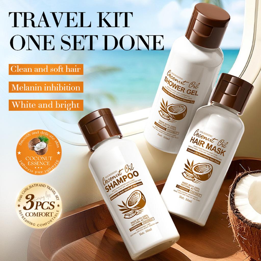 Reise-Toilettenartikel-Set mit Kokosduft Shampoo Spülung Haarmaske Duschgel Körperwäsche Feuchtigkeitsspendende Haar- und Hautpflege-Essentials