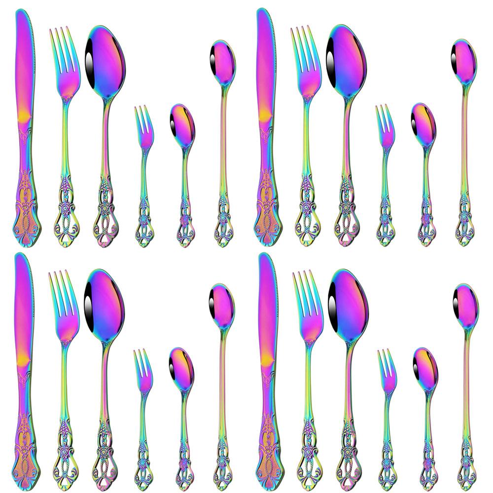Drmfiy 24Pcs Gold Luxury Dinnerware Stainless Steel Flatware Vintage Western Set Tableware Knife Coffee Spoon Fork Cutlery Set