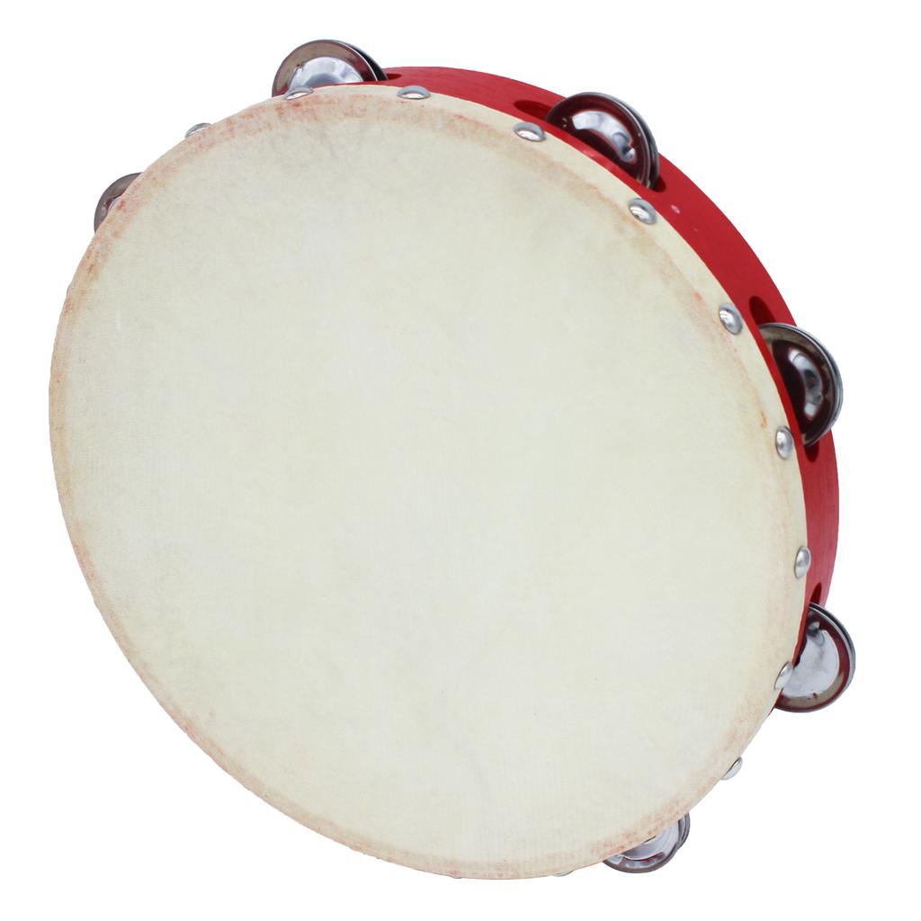 8 Inch Hand Tambourine with Metal Single Row 6pcs Metal Cymbals Jingles Sheepskin Drum Skin Wooden Tambourines