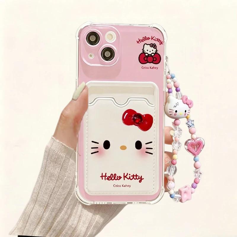3D Bow Hello Kitty Bracelet Case For Iphone 13 12 11 Pro Max XR X XS Max 6 6S 7 8 Plus 13 Mini 17 Pro Max 5G Card Holder Cover
