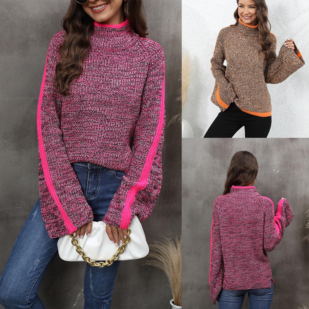 2026 Winter Women's High Neck Patchwork Knit Pullover Sweater - Mixed Color European & American Style
