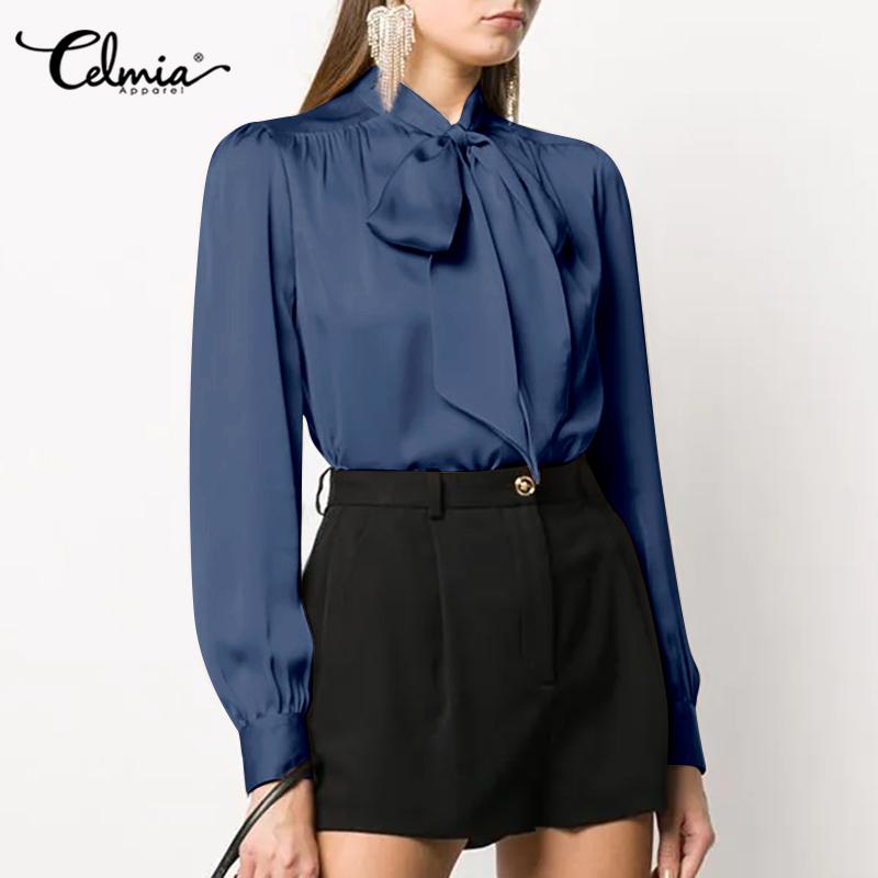 

Celmia Spring Женская мода Пятно Шелк Офисные топы с галстуком-бабочкой Длинные рукава Элегантный сплошной цвет Повседневная свободная плиссированная рубашка Плюс размер Блузка