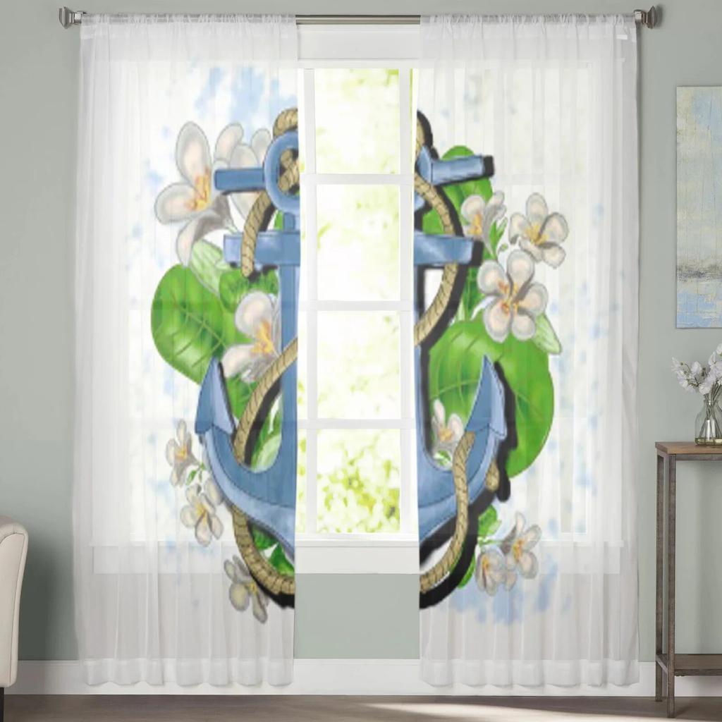 Flowers and Anchor In Boho Style Sheer Window Curtains for Living Room Girl Bedroom Tulle Curtains Kitchen Veil Chiffon Drapes