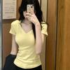 Damen Sommer Schlankmachendes, Einfaches, Figurbetontes V-Ausschnitt T-Shirt: Einfarbiges, geradschultriges Kurzarmtop für Schüler