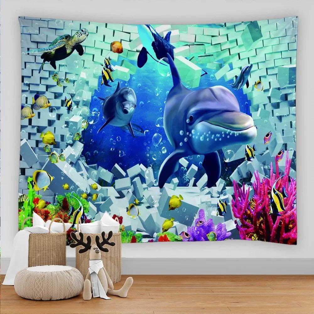 Marine Animal Home Decorative Fabric 3D Digital Printing Tapestry Psychedelic Undersea World Sea Fish Dolphin