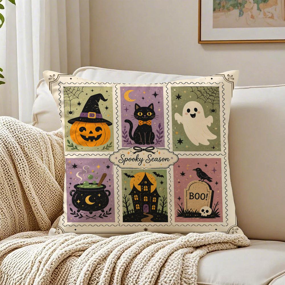 Spooky Cute Halloween Ghost Cat Cushion Cover Breathable Organic Cushion Covers Machine Washable Wrinkle-Resistant Soft Durable
