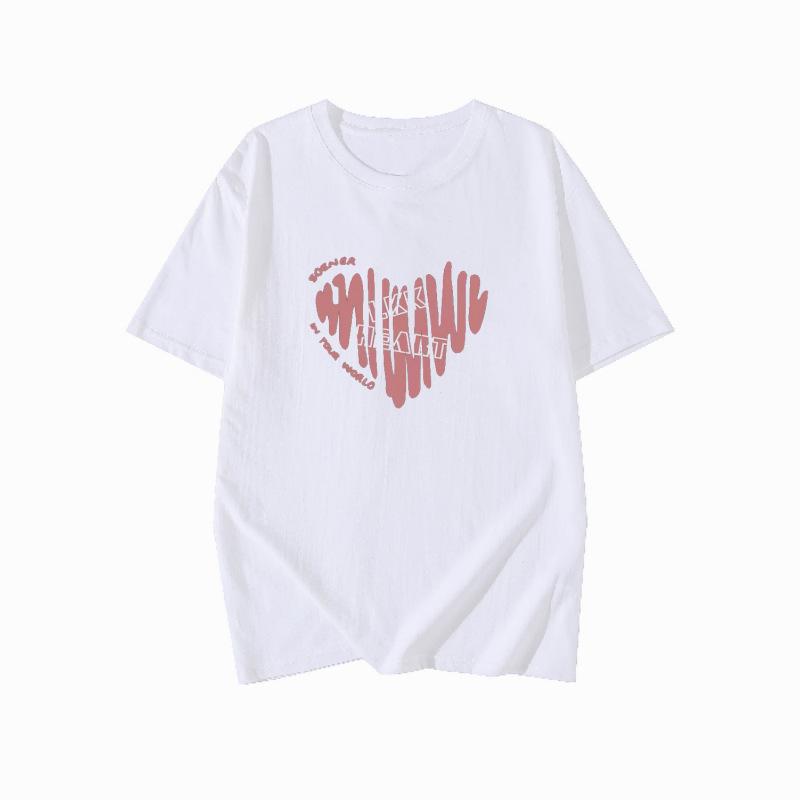 Plus Size Cotton T-Shirt - Women's Summer Short Sleeve Pink Heart Mid-Length Loose European Style