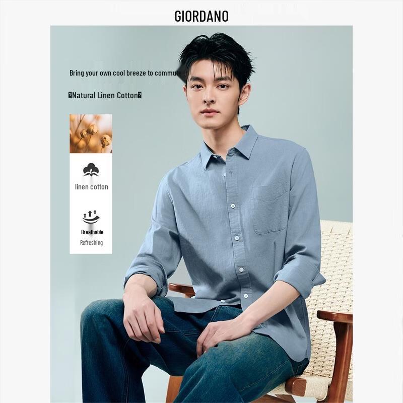 Giordano Men's Single Pocket Cotton Linen Long Sleeve Shirt