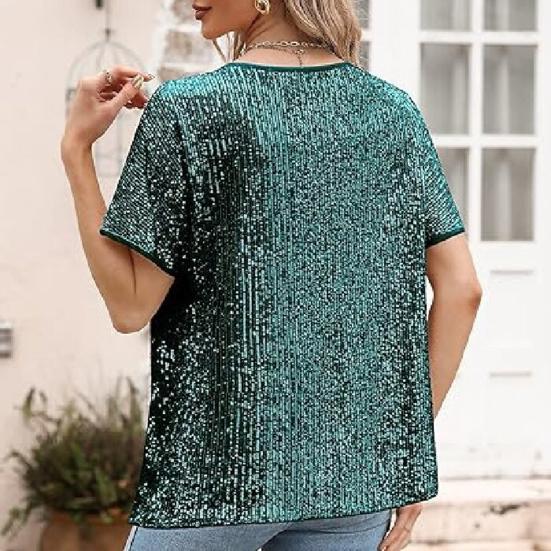 Women Tops Round Neck Short Sleeve Loose Fit Tee Shirt Sparkling Sequins Casual Shirt Versatile Summer Tops