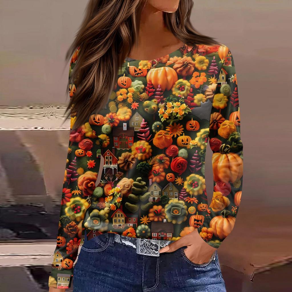 Women's Fashion Casual Slit Hem Round Neck Long Sleeve Loose Halloween Printed T-Shirt Ladies Top