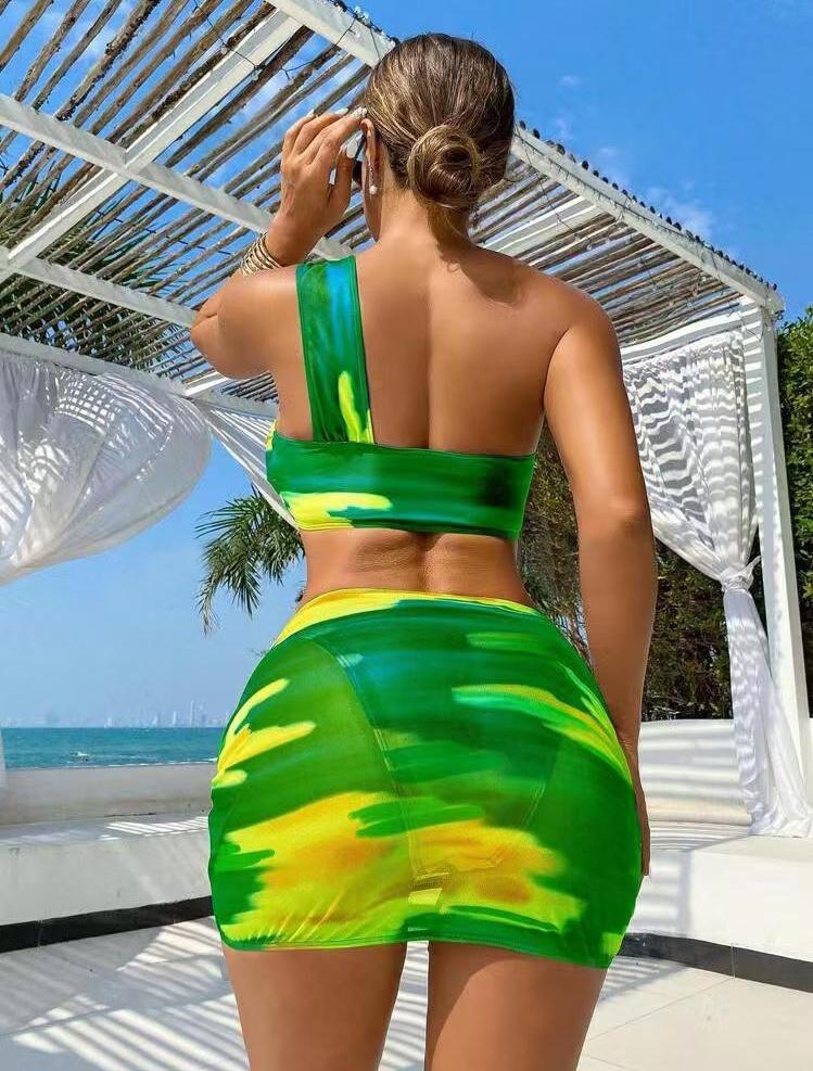 Sommer Damen Badeanzüge Batik-Druck Mesh Dreiteiliges Set Geteilte Badeanzüge Bikini Strandbekleidung Badeanzüge