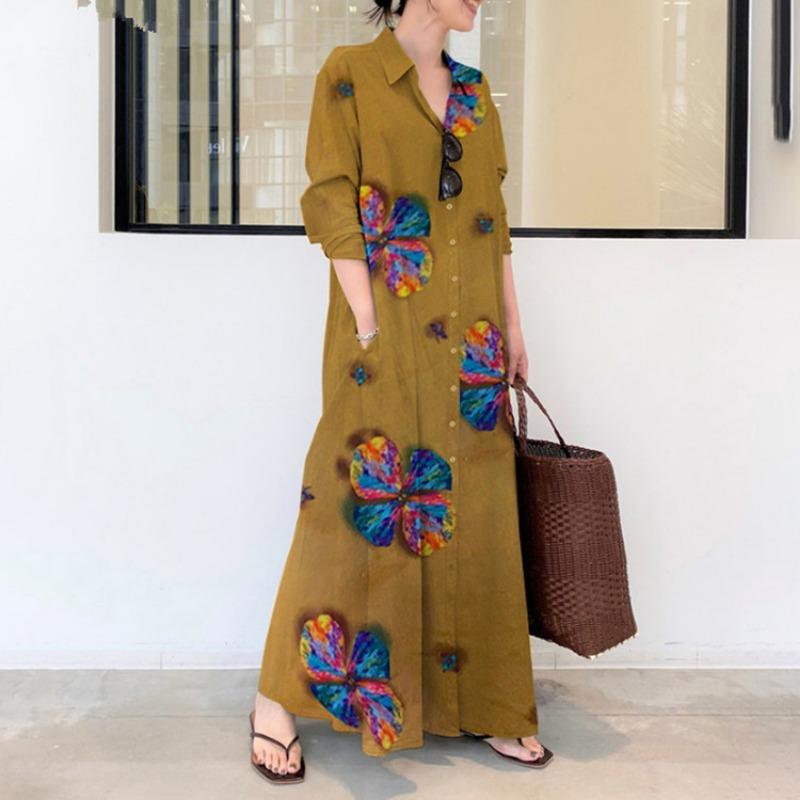 Cotton Linen Printed Lapel Long Sleeved Pocket Simple Loose Artistic Casual Long Shirt Dress