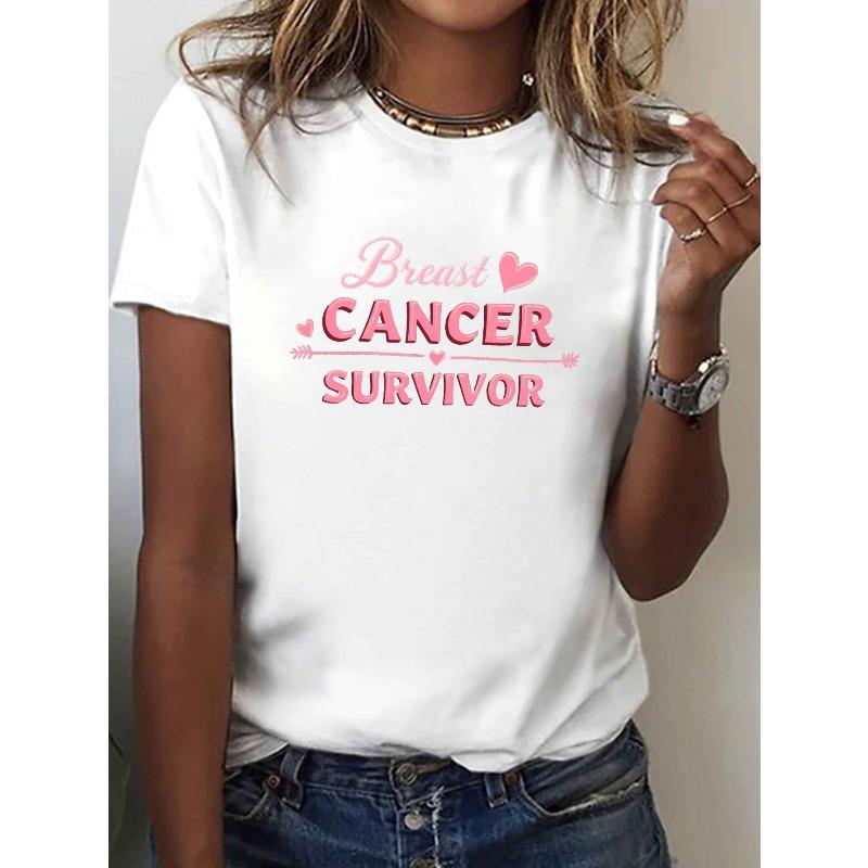 T-Shirt with A Print for Breast Cancer Survivors, Featuring Short Sleeves and A Crew Neck, Perfect for Casual Wear in Summer and Spring, S белый