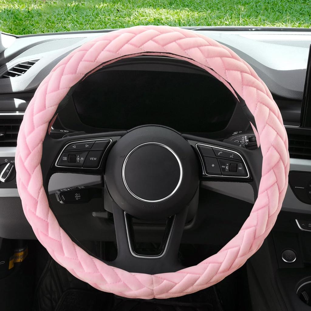 Soft Velvet Steering Wheel Cover Cute Hands Warm Fuzzy, Universal 15 Inch For Women Girls, Fit Vehicles, Sedans, SUVs, Vans, Trucks - Light Pink