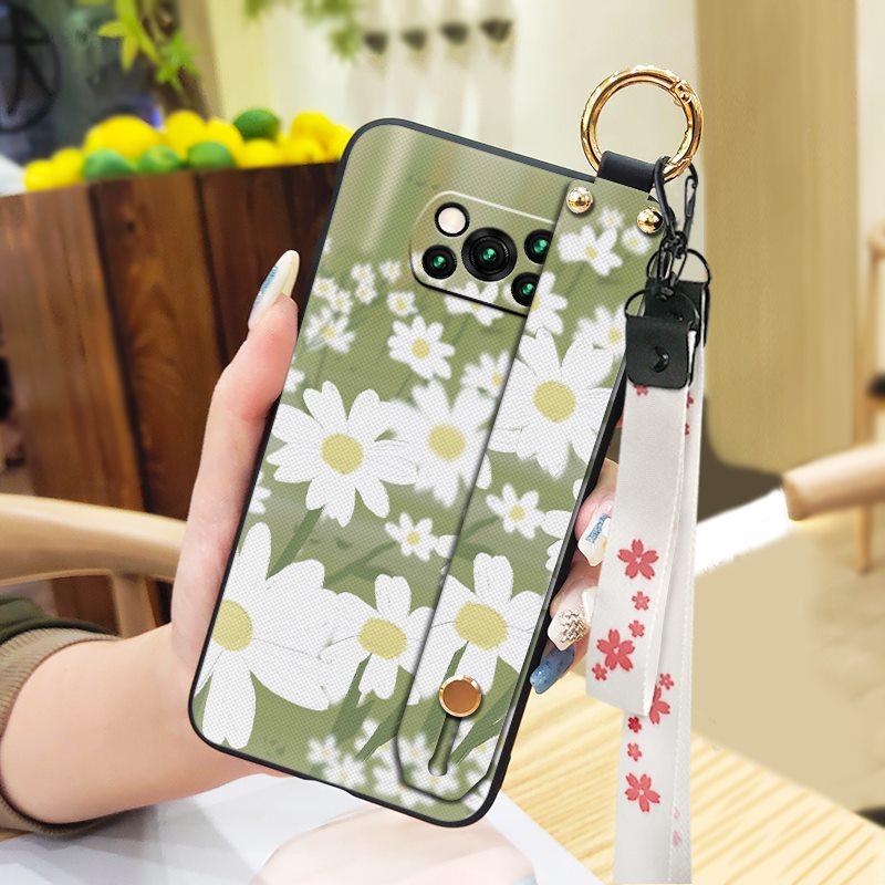 Anti-knock Protective Phone Case For Xiaomi Poco X3 NFC/X3 Pro Durable Oil Painting Phone Holder Wrist Strap Flower Ring