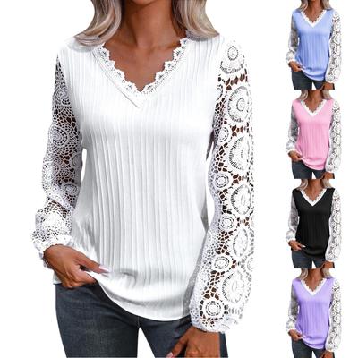 Women's Loose V-neck Lace Patchwork Long Sleeved Casual T-shirt Top