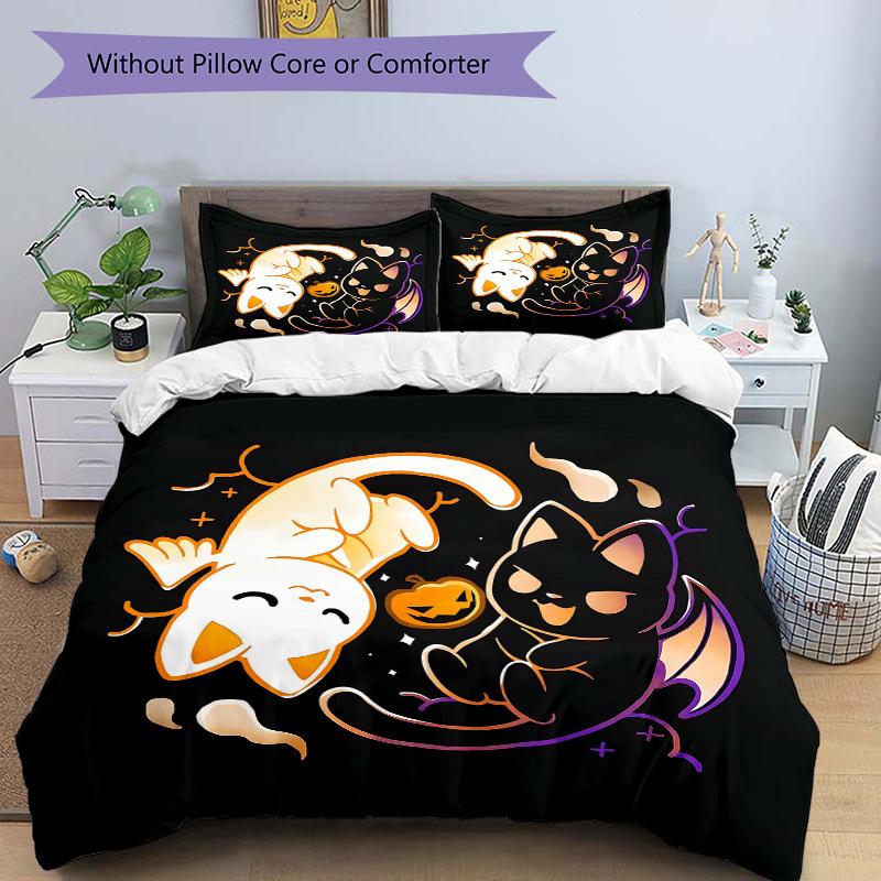 

3pcs Halloween White Cat & Black Cat Printed Bedding Set, Soft and Comfortable Quilt Cover for Bedroom, Guest Room (Not Included).N053 135x200cm
