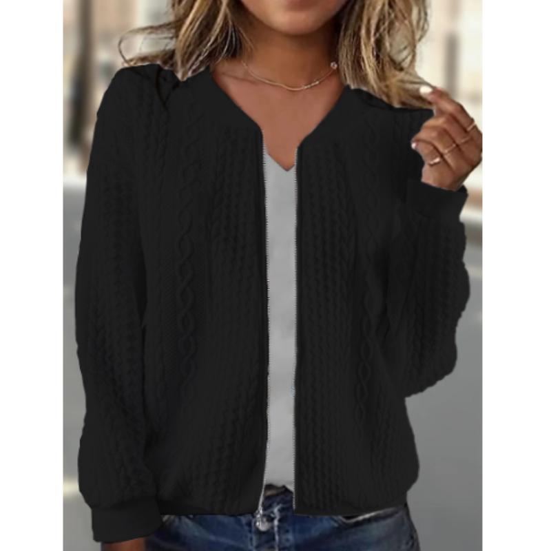 Textured Zip Up Bomber Jacket, Casual Solid Long Sleeve Outerwear, Women's Clothing