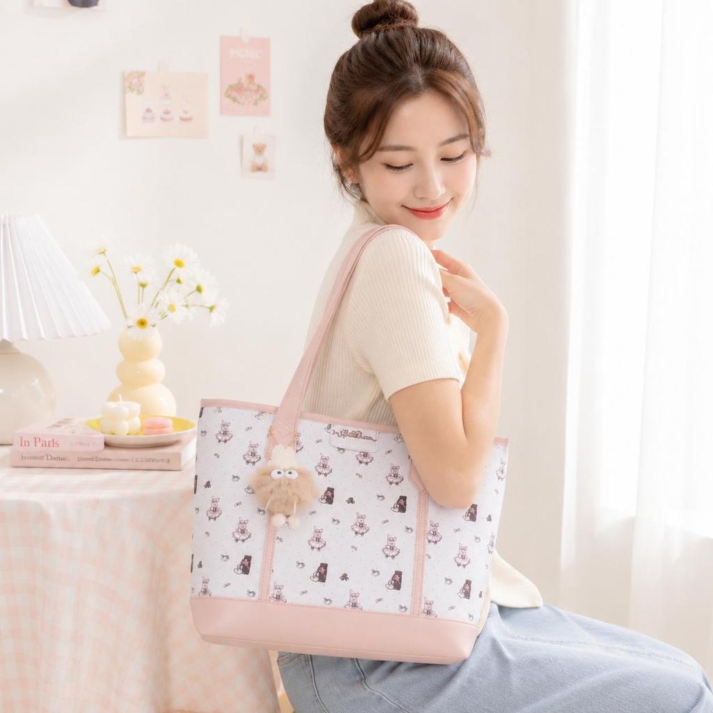 Floral Pink Girly Tote Bag: Cute, Large-Capacity, Versatile Shoulder Bag for Students