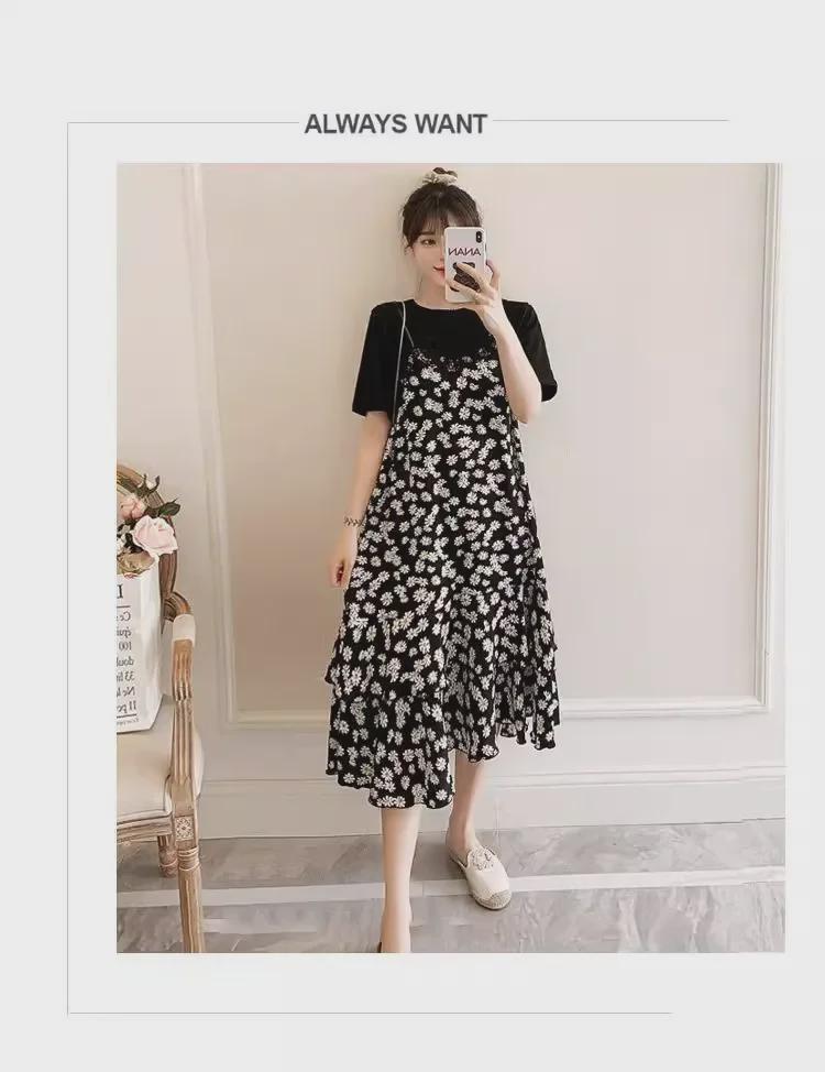 Plus Size Floral Two-Piece Long Skirt Dress - Slimming, Belly-Covering Design for Summer