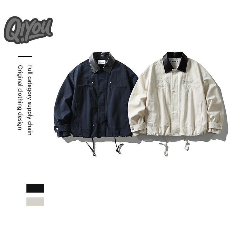 QIYOU 2026 Men's Japanese Retro Color Block Drawstring Lapel Casual Jacket