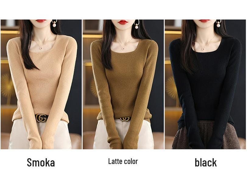2025 Slim Fit Women's Square Neck 100% Wool Sweater - Thin U-neck Base Layer Top