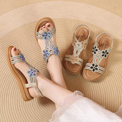 Fashion Women's Platform Sandals Summer Fashion Rhinestone Elastic Band Beach Shoes 2025 Casual Open Toe Flat Shoes Sandalias De Mujer