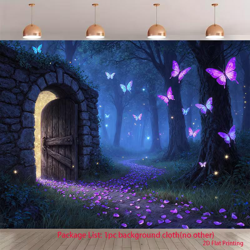

2D Enchanted Forest Backdrop Banner, Magic Door and Purple Butterflies Decor 47.2x31.5inch/120*80cm