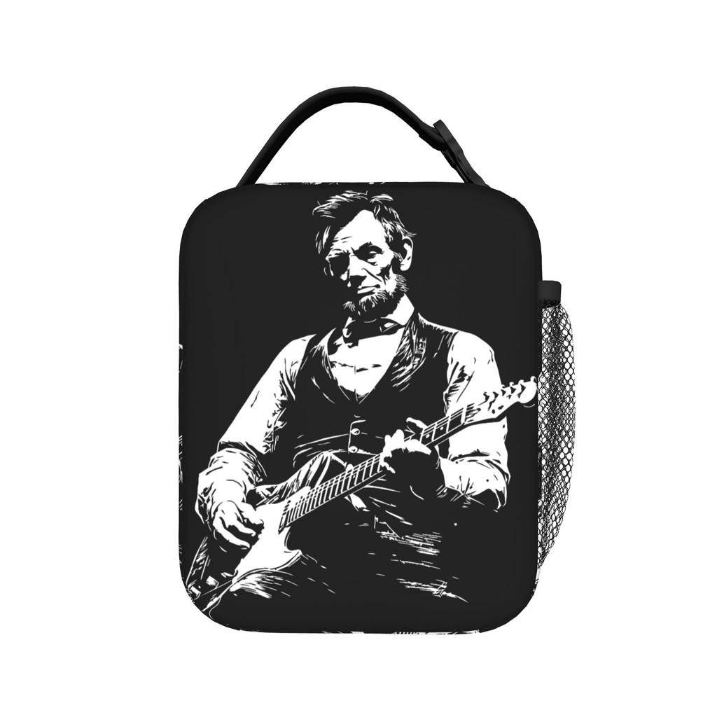 President Abraham Lincoln Playing Guitar Abe Lincoln Lunch Bag Insulated Lunch Box School Cooler Bag Thermal Tote Handbags