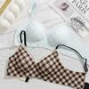 Women's British Plaid Lace Bra: Wire-Free, Small Bust Support, Anti-Sagging, Girly Student Style.