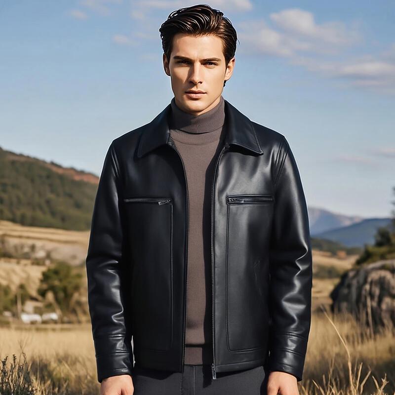 Futing Men's Heavyweight Sheepskin Lapel Leather Jacket