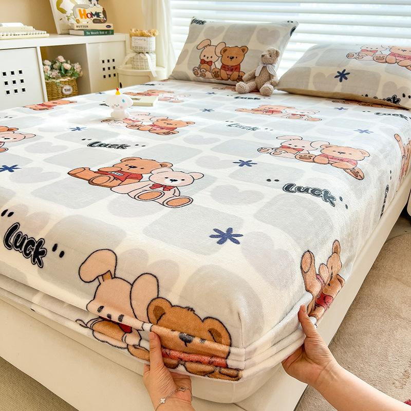 Winter Warm Flannel Fleece Bed Sheet Cartoon Flower Printed Thick Bed Sheets for Winter Single/Queen/King Soft Plush Bed Sheet
