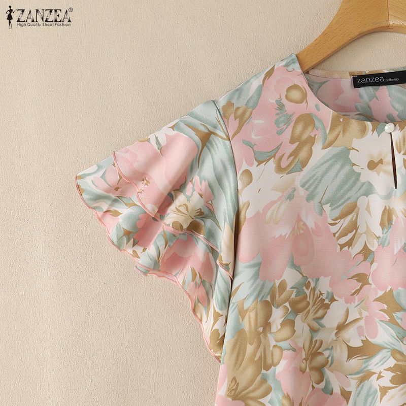 ZANZEA Women Casual Round Neck Floral Print Loose Ruffles Short Sleeve Blouse