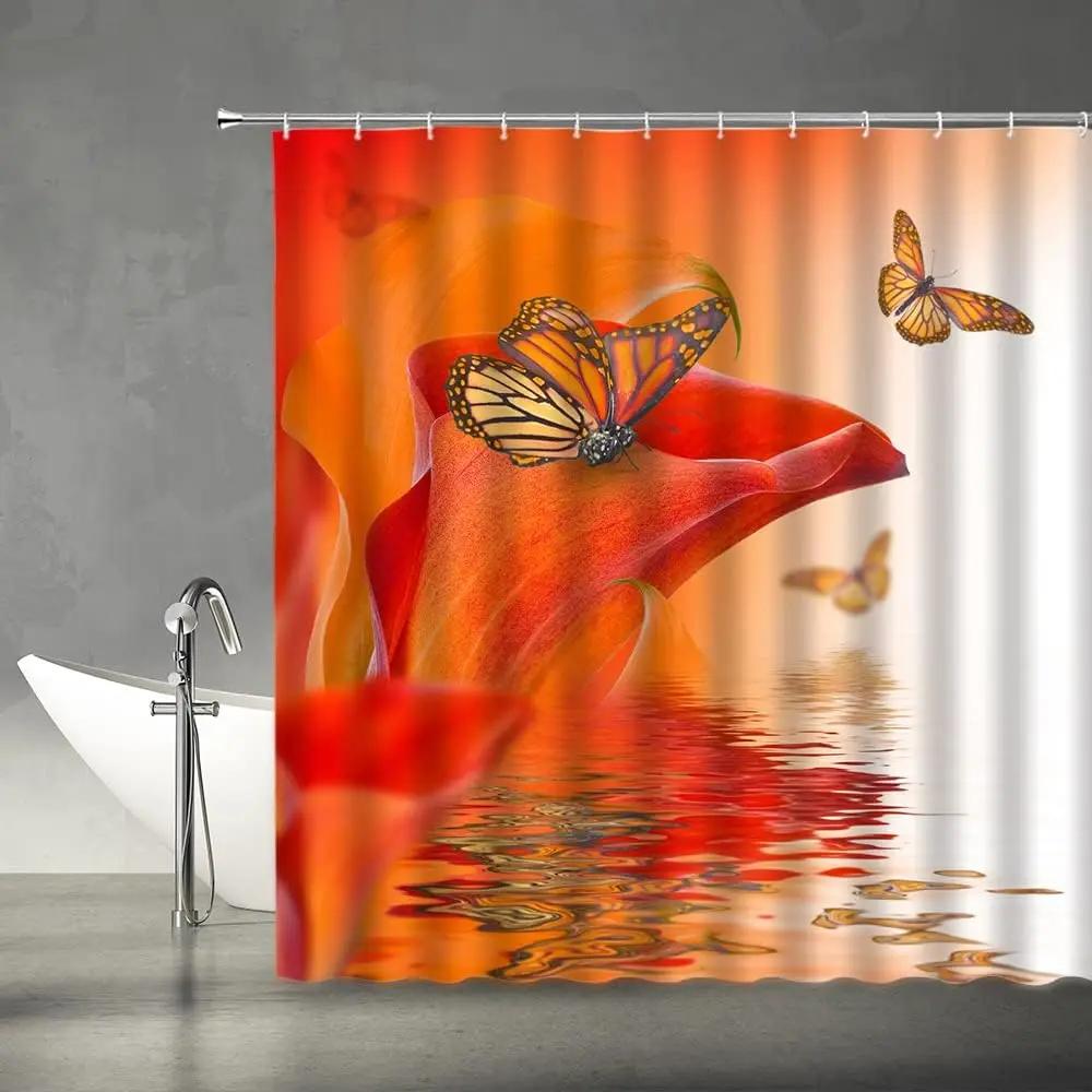 

Pink Flower Butterfly Shower Curtain Natural Garden Landscape Home Fabric Bathroom Decoration Shower Curtain With Hook W60H190(CM)-1 Pcs