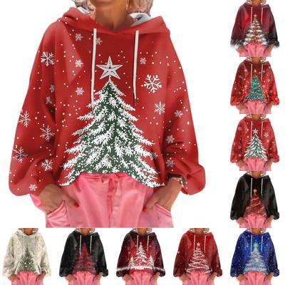 Damen Weihnachten Bedrucktes Lockeres Lässiges Langarm-Kapuzensweatshirt