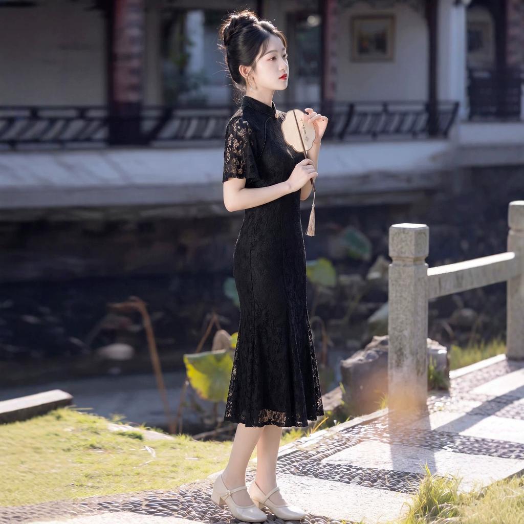New Chinese black lace improved fishtail cheongsam 1011 new girl young daily temperament national style dress