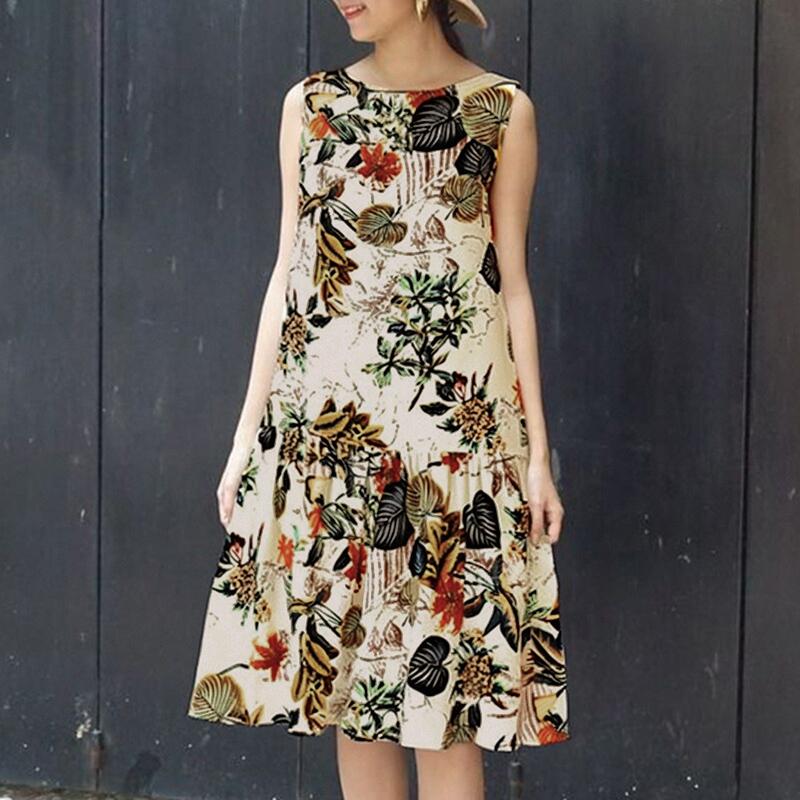 

ZANZEA Женское повседневное платье без рукавов с круглым вырезом и цветочным принтом L жёлтый