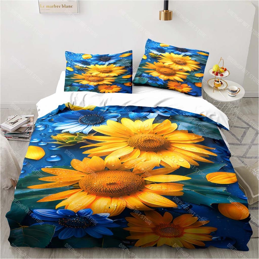 3D Sunflower Printing Set Bedding Floral Pattern Three-piece Set Living Room Bedroom Home Decoration Pillowcase Quilt Cover Gift